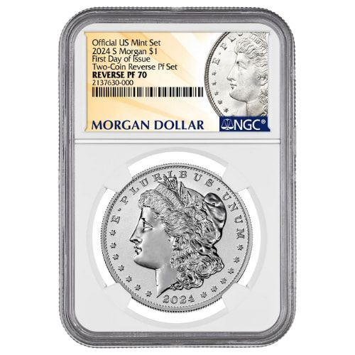 2024-S NGC PF-70 First Day of Issue Morgan & Peace Dollar Reverse Proof Silver 2-Coin Set - Morgan & Peace Labels