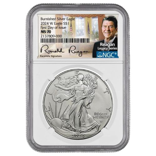 2024-W NGC MS-70 First Day Of Issue 1 oz American Silver Eagle Burnished Coin – Exclusive Reagan Label