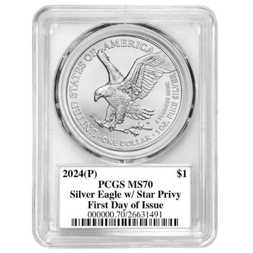 2024-(P) PCGS MS-70 First Day of Issue Star Privy 1 oz American Silver Eagle Coin - Emily Damstra Signed Label