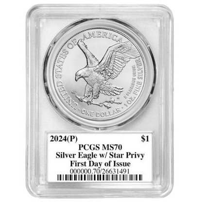 2024-(P) PCGS MS-70 First Day of Issue Star Privy 1 oz American Silver Eagle Coin - Emily Damstra Signed Label