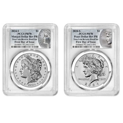 2024-S PCGS PR-70 First Day of Issue Morgan & Peace Dollar Reverse Proof Silver 2-Coin Set - Morgan & Peace Labels