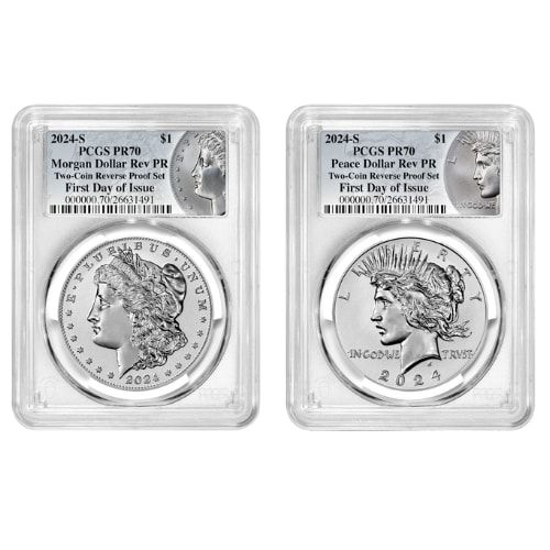 2024-S PCGS PR-70 First Day of Issue Morgan & Peace Dollar Reverse Proof Silver 2-Coin Set - Morgan & Peace Labels
