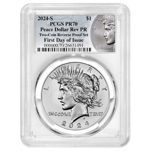 2024-S PCGS PR-70 First Day of Issue Morgan & Peace Dollar Reverse Proof Silver 2-Coin Set - Morgan & Peace Labels