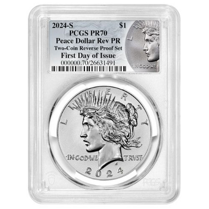2024-S PCGS PR-70 First Day of Issue Morgan & Peace Dollar Reverse Proof Silver 2-Coin Set - Morgan & Peace Labels