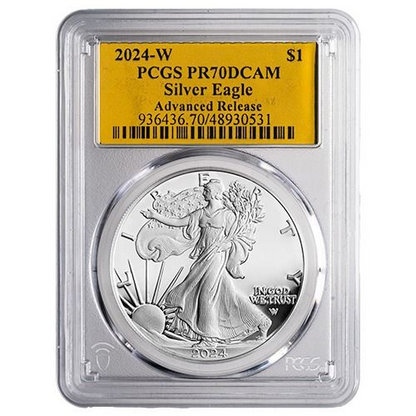 PCGS PR-70 Advanced Release Gold Foil Label 2024-W American Silver Eagle Proof Coin