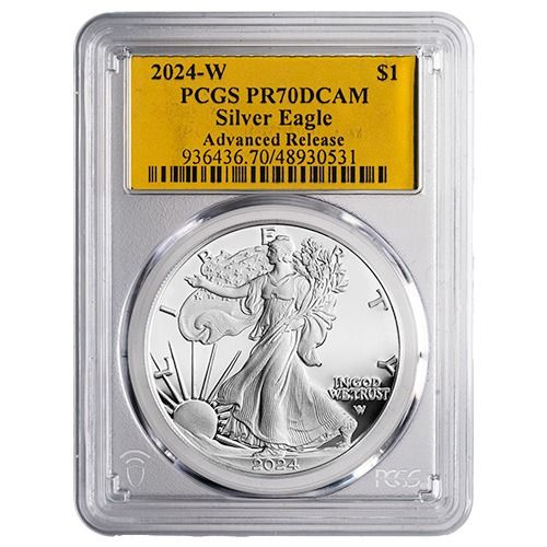 PCGS PR-70 Advanced Release Gold Foil Label 2024-W American Silver Eagle Proof Coin