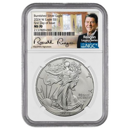 2024-W NGC MS-70 First Day Of Issue 1 oz American Silver Eagle Burnished Coin – Exclusive Reagan Label