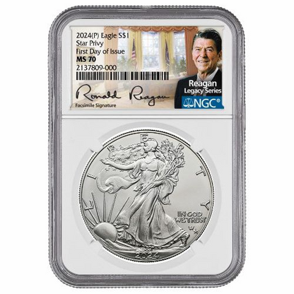 2024-(P) NGC MS-70 First Day of Issue Star Privy 1 oz American Silver Eagle Coin - Exclusive Reagan Label