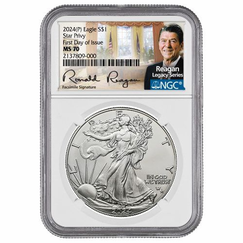 2024-(P) NGC MS-70 First Day of Issue Star Privy 1 oz American Silver Eagle Coin - Exclusive Reagan Label