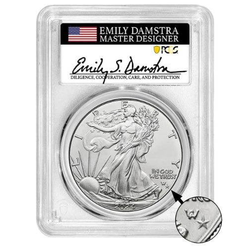 2024-(P) PCGS MS-70 First Day of Issue Star Privy 1 oz American Silver Eagle Coin - Emily Damstra Signed Label